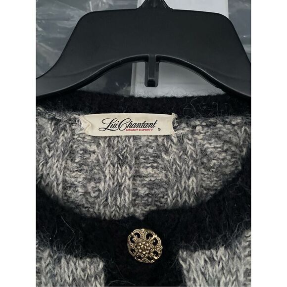 T3 VTG Lui Chantant Cable Knit Cardigan Sweater White Black Gray Small - Picture 3 of 7